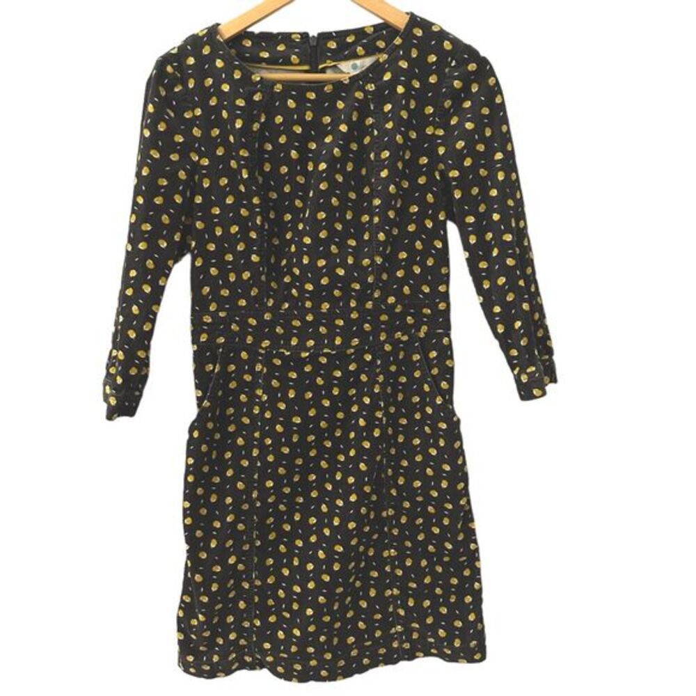 Boden Dark Grey Yellow Leaf Pattern Corduroy 3/4 sleeve midi dress Size 4‎